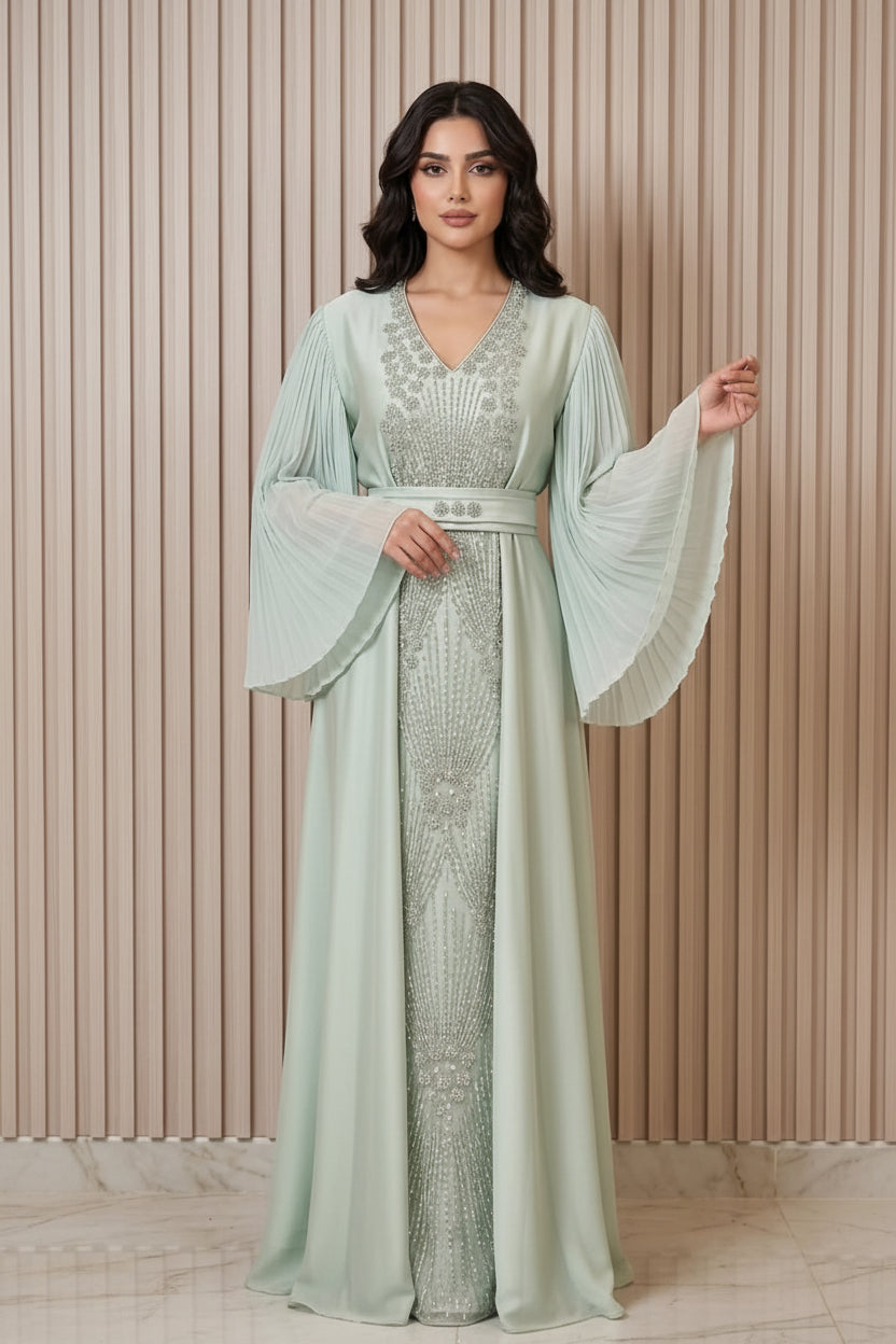 Elegant Mint Green Embellished Kaftan Dress
